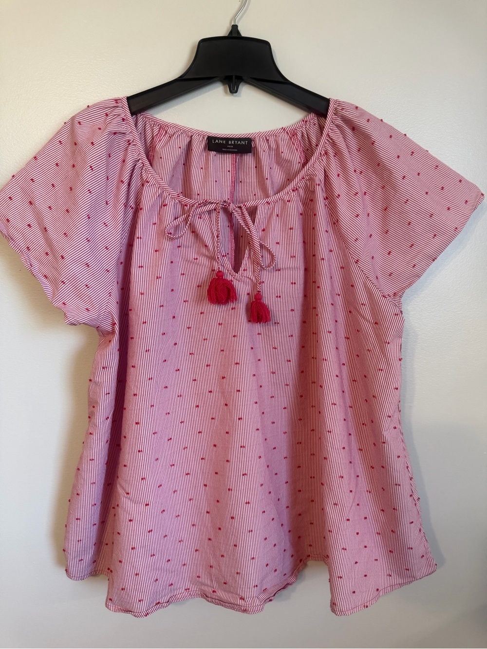 Lane Bryant Pink And White Striped Tassel Tie Short Sleeve Blouse size 14/16